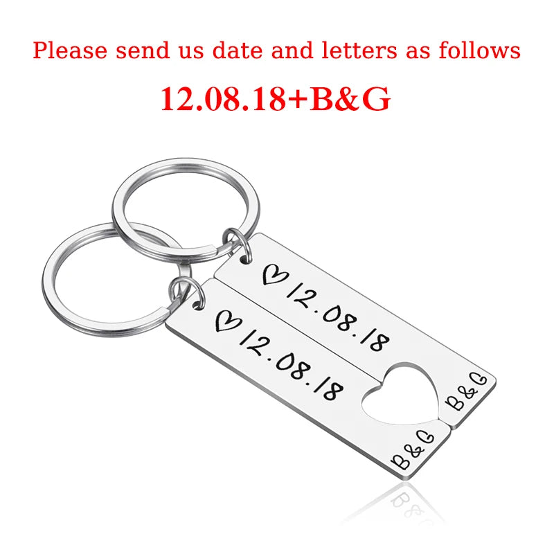 Personalized Heart Keychain Set Engraved Date Name Love Key Chains Gift