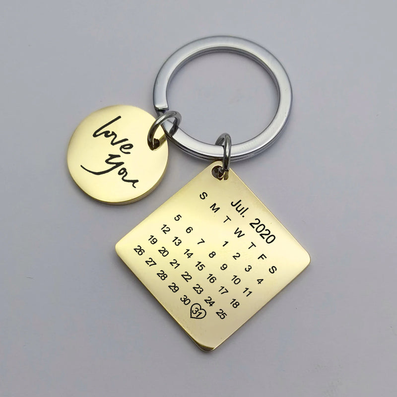 Personalized Heart Keychain Set Engraved King Date and Name Love Keyring