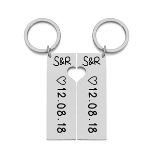 Personalized Heart Keychain Set Laser Engraved Date and Name Love Keyring Gift