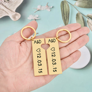 Personalized Heart Keychain Set Laser Engraved Date and Name Love Keyring Gift