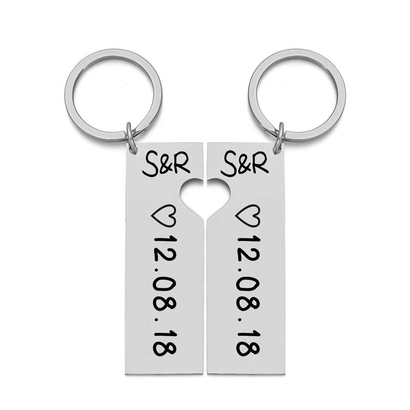 Personalized Heart Keychain Set Laser Engraved Date and Name Love Keyring Gift