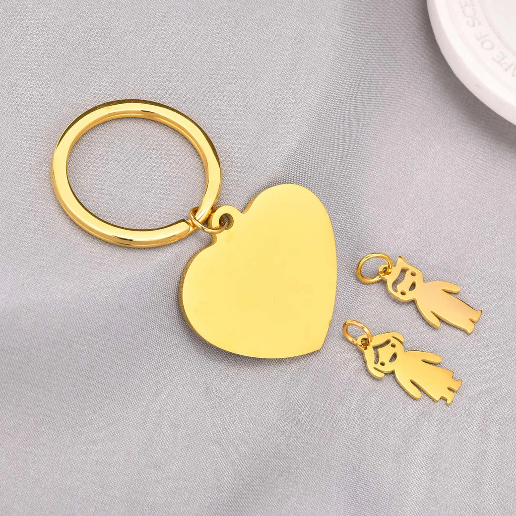 Personalized Heart Keychain with Boy Girl, Engraved Key Ring