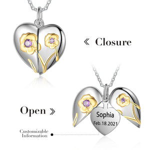 Heart Locket Necklace Engraved with Name & Date Flower Pendant