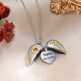 Heart Locket Necklace Engraved with Name & Date Flower Pendant