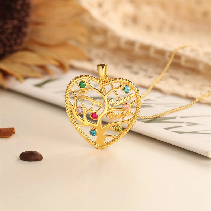 Personalized Heart Name Necklace Family Tree Pendant Birthstones