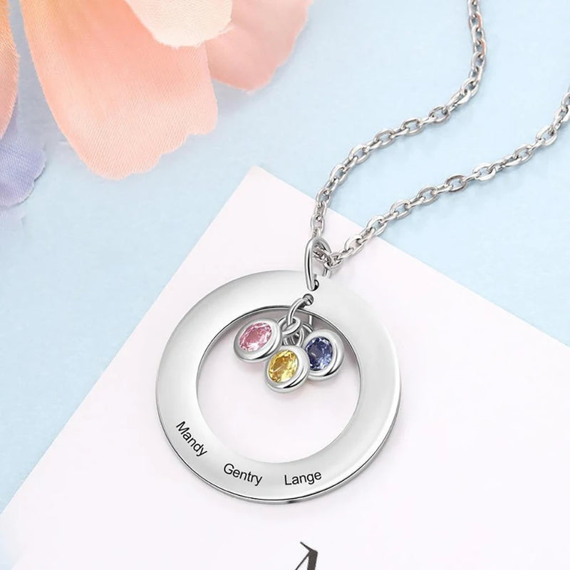 Personalized Hollow Round Pendant Necklace with Birthstone Charm