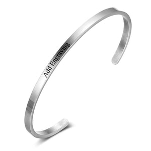 Engrave Name ID Cuff Bracelet - Stainless Steel Silver Bangle
