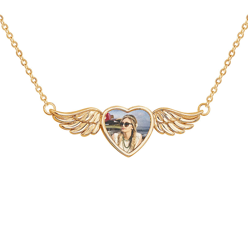 Custom Copper Angel Wing Heart Pendant with Engraved Text and Photo