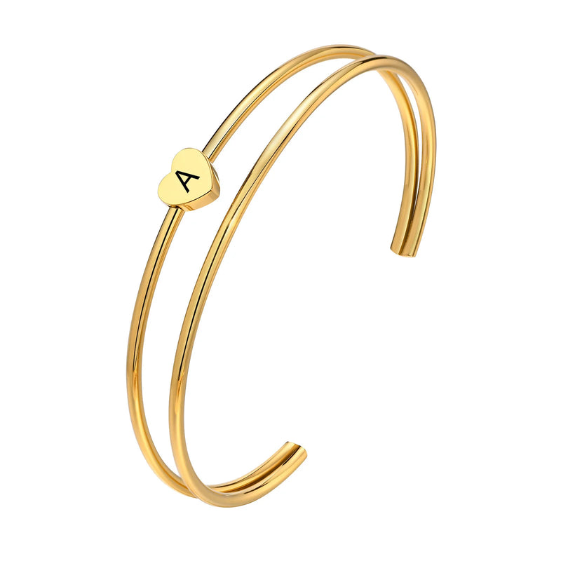 Personalized Initial Heart Bangle, Letter Cuff Bracelet, Engraving Jewelry