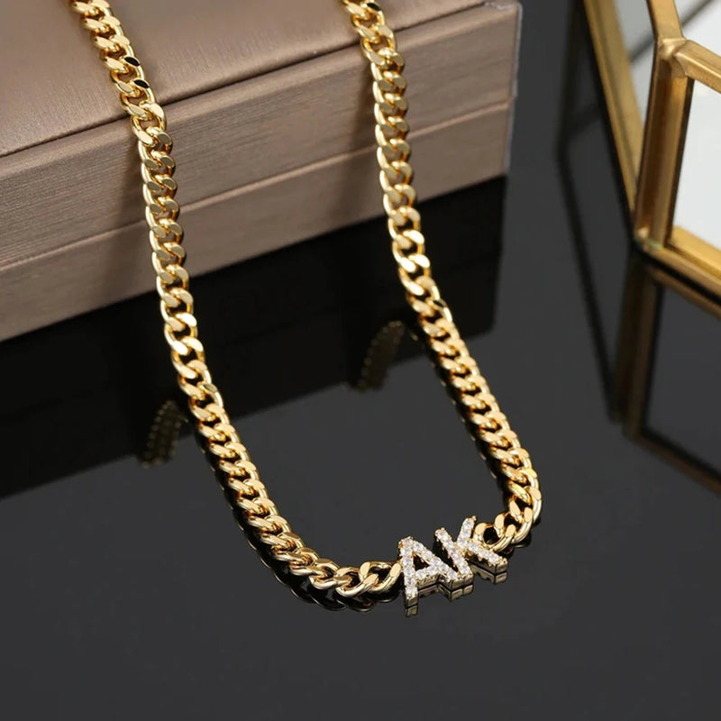 Custom Initials Name Necklace with Cuban Chain - Zircon Letters Necklace