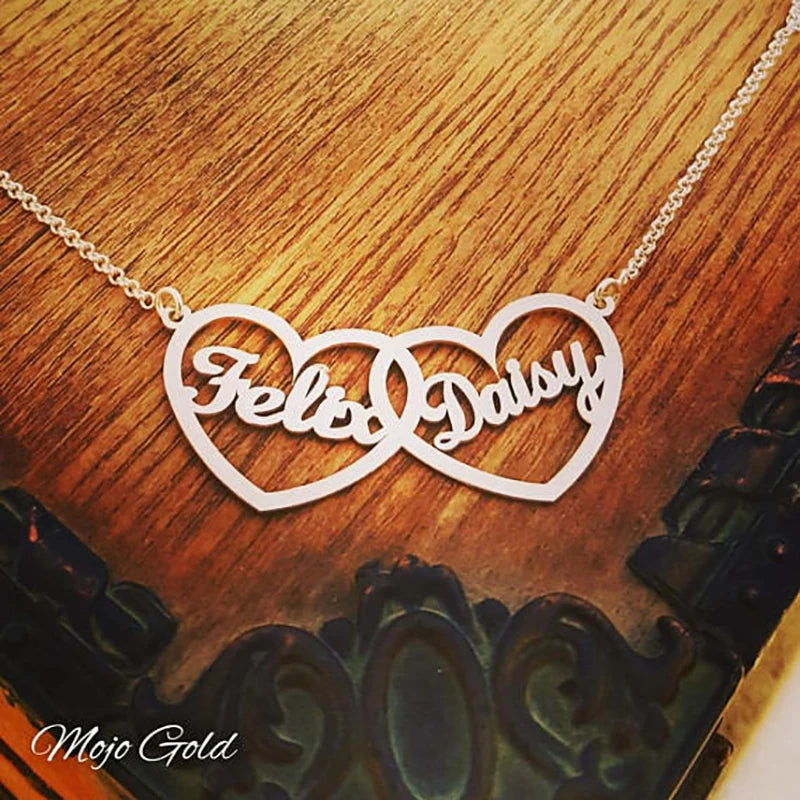 Personalized Double Hearts Birthstone Necklace Engraved Names Jewelry