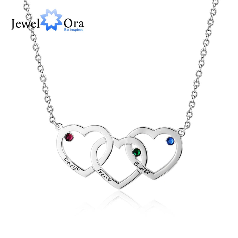 Custom Birthstone Hearts Necklace with Name Engraved Pendant