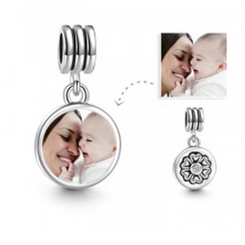 925 Sterling Silver Photo Beads Round Pendant Charms Fit Bracelet