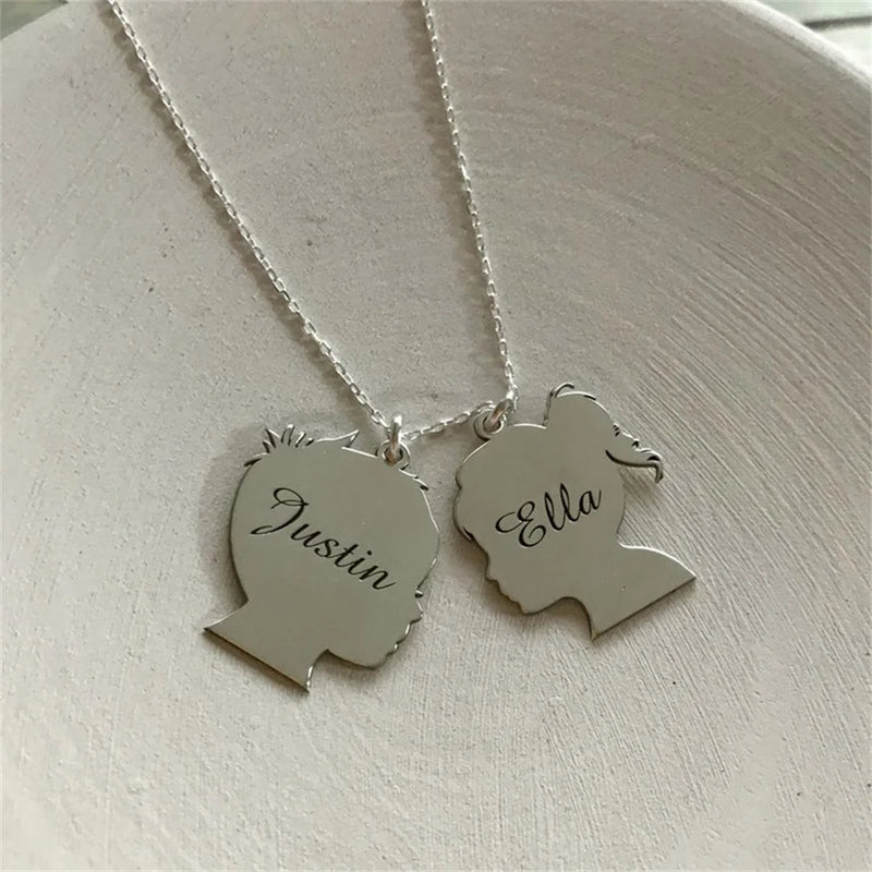 Personalized Kids Names Necklace Child Face Silhouette Pendant