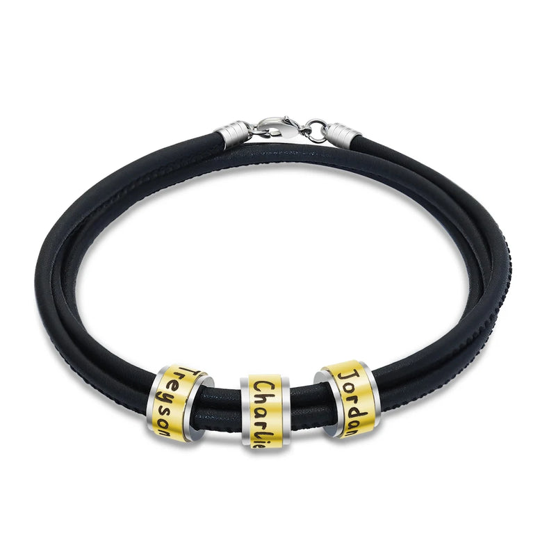 Engravable Leather Bracelet with Rotating Beads