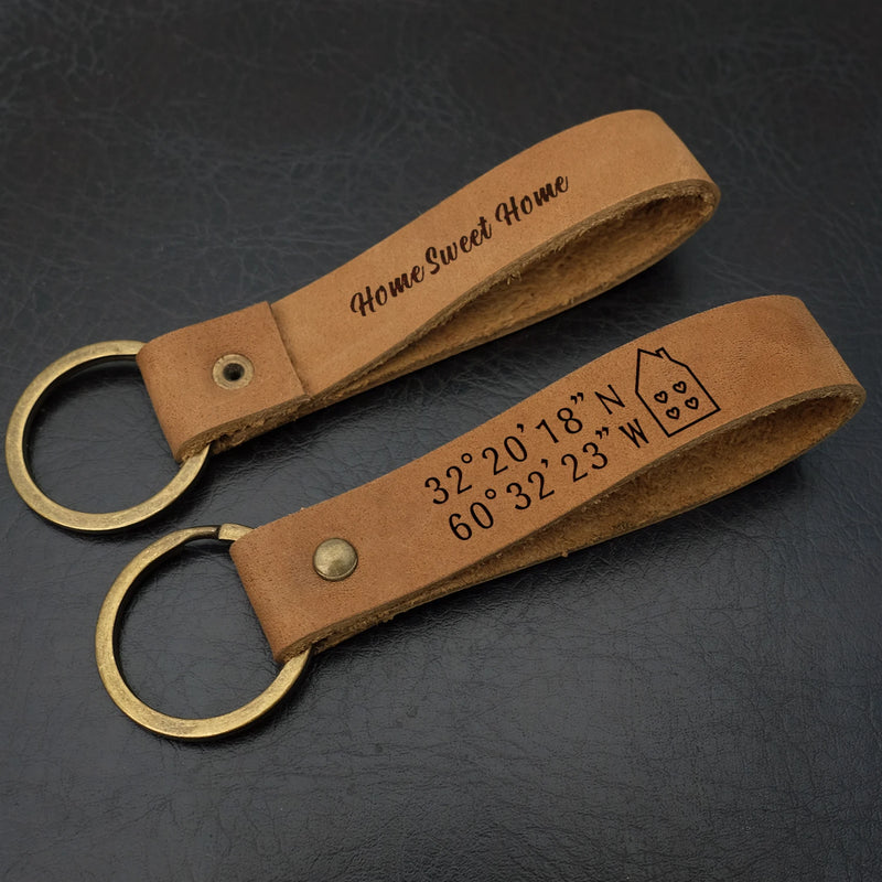 Custom Leather Coordinate Keychain Housewarming Anniversary Gift