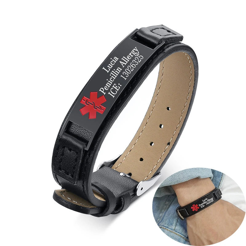 Leather Medical Alert ID Bracelet DIABETES Allergy Emergency Reminder