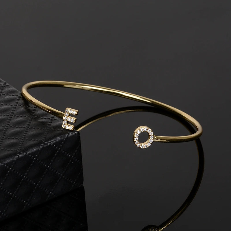 Personalized Letter Bangle Zirconia Inlaid Bracelet 6mm Capital Letter Cuff