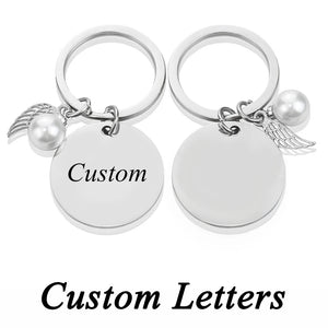 Personalized Letters Engraved Keychain With Simulated Pearls Wing