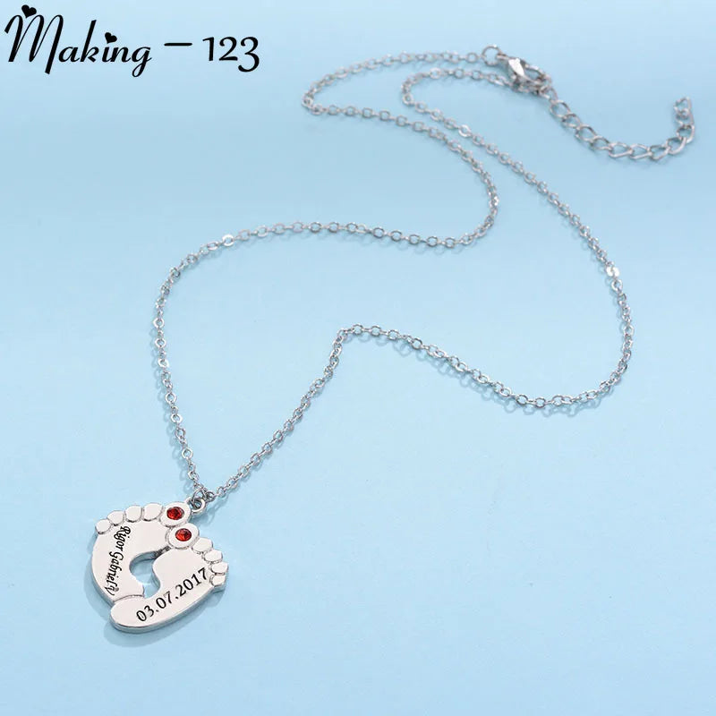 Personalized Love Couple Baby Feet Pendant Necklaces With Birthstones