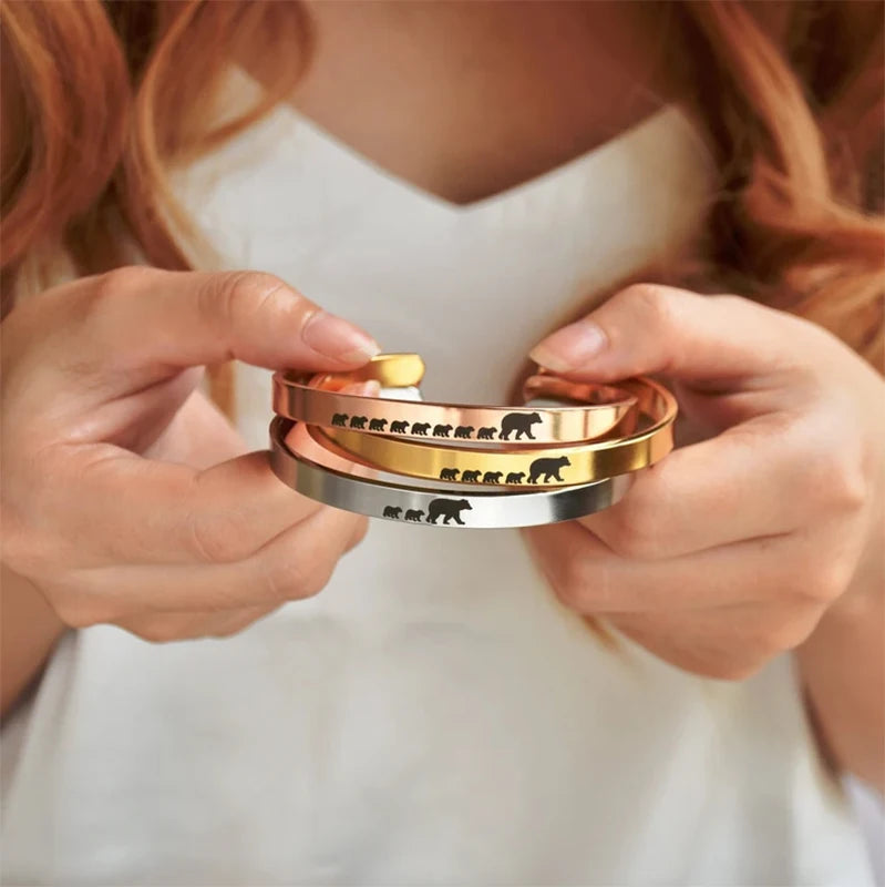 Mama Bear Bangle Bracelet | Engraved Kids Names | Stainless Steel
