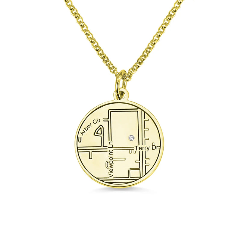 Map Engraving Pendant Necklace Circle Jewelry Stone Anniversary Gift