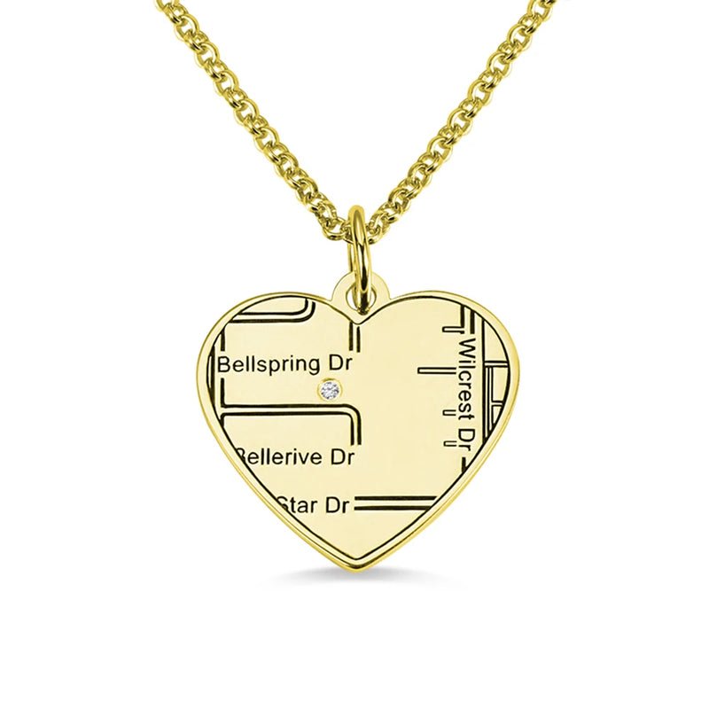 Personalized Map Engraved Heart Necklace Pendant Gift