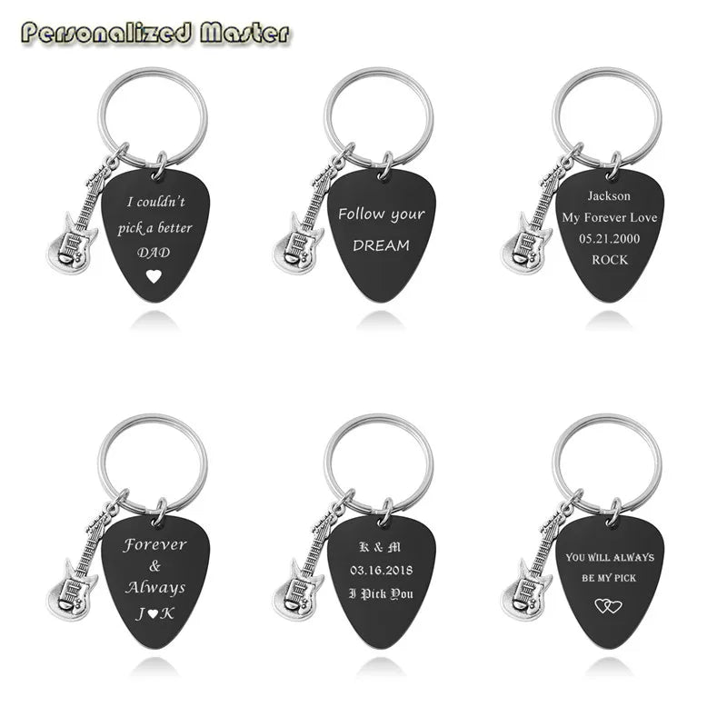 Stainless Steel Guitar Pick Engraved Keychain - Gift for Birthday or Anniversary