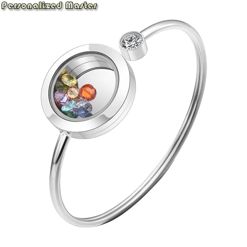 Name Round Charm Locket Memory Bangle with Birthstones DIY Jewelry