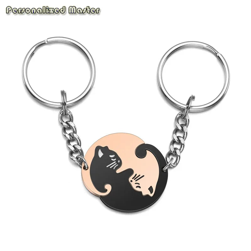 Personalized Cat's Yin Yang Keychains with Engraved Names