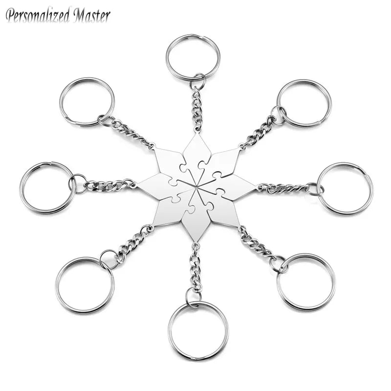 Sun Puzzle Keychain Set of 8 Stainless Steel Engraved Name Memorial Gift