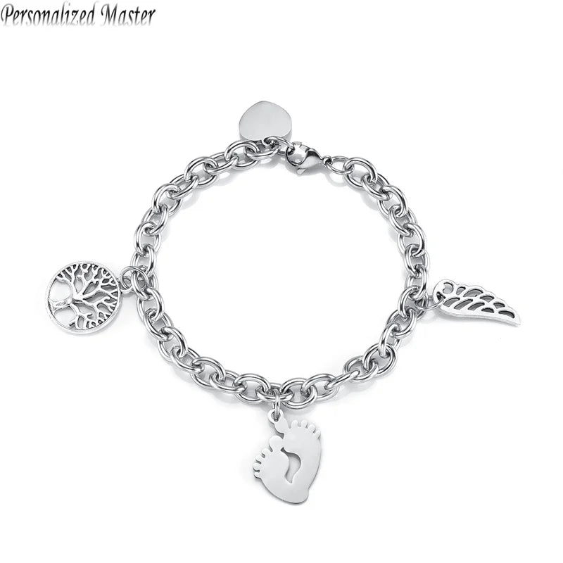 Letter Bracelet Stainless Steel Tree of Life Angle Wing Heart Charm Bracelets