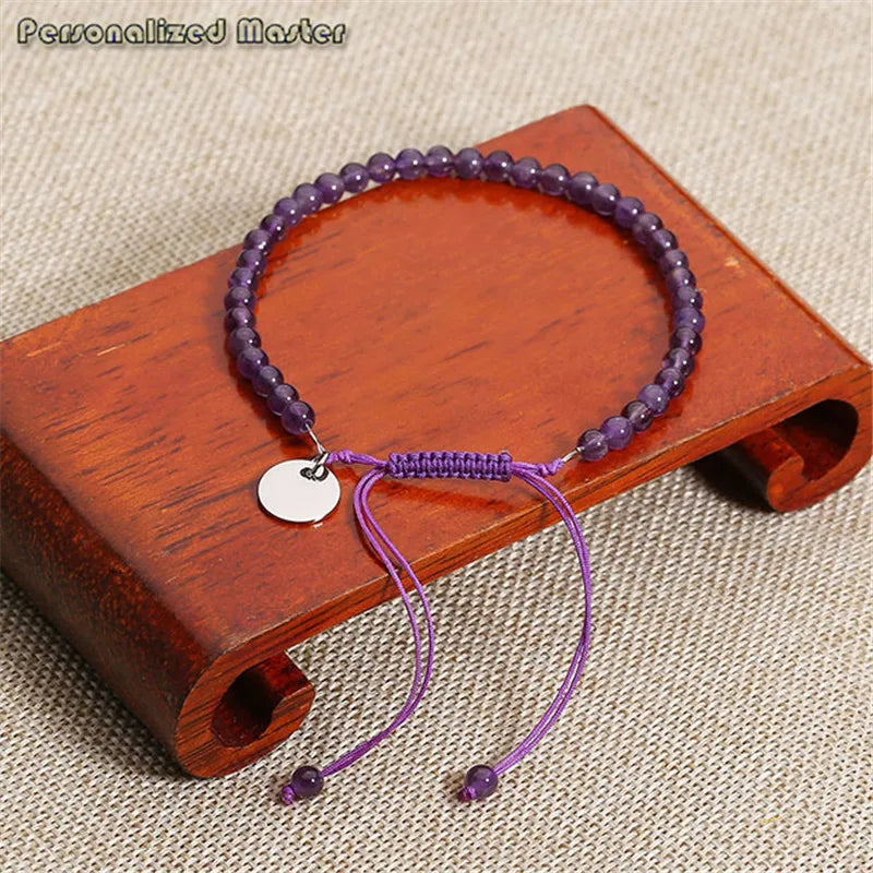 Personalized Stone Bracelet Engraved Name Stretch Braided Adjustable Jewelry