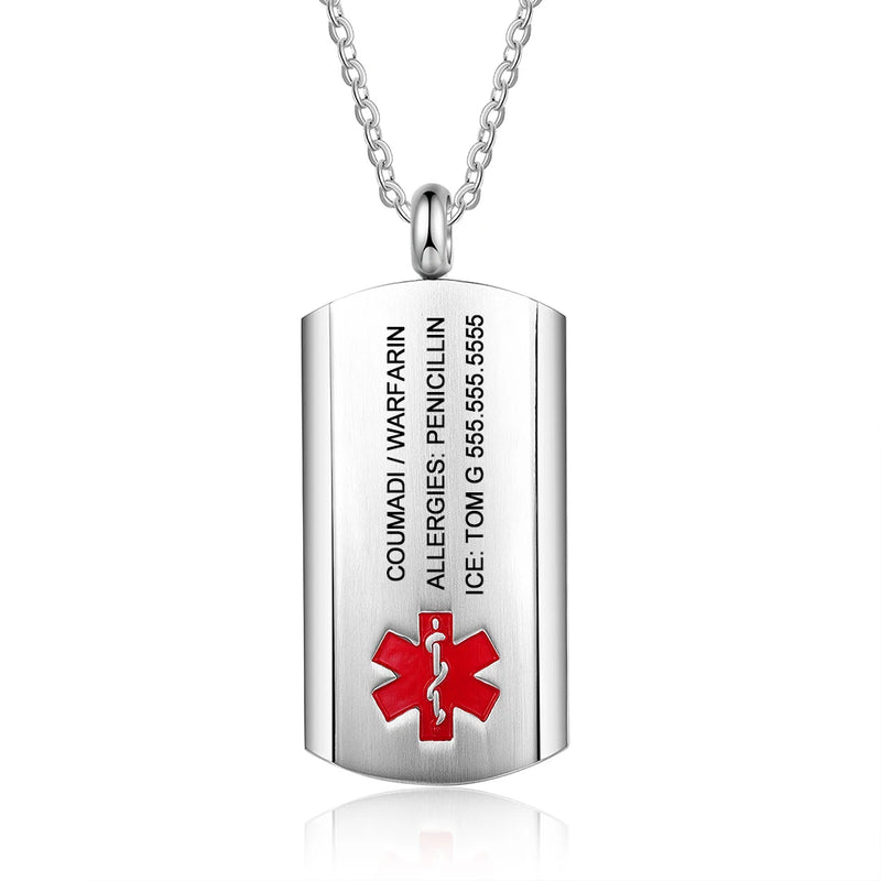Personalized Medical Alert ID Necklace Stainless Steel Tag Pendant