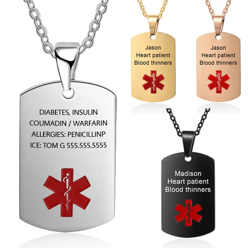 Custom Diabetes Medical Alert Dog Tag Necklace Stainless Steel Engraving Pendant