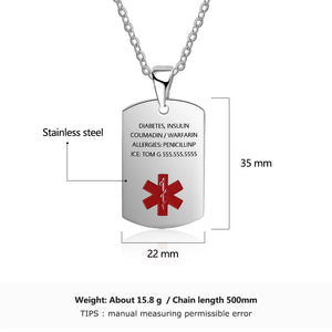 Custom Diabetes Medical Alert Dog Tag Necklace Stainless Steel Engraving Pendant