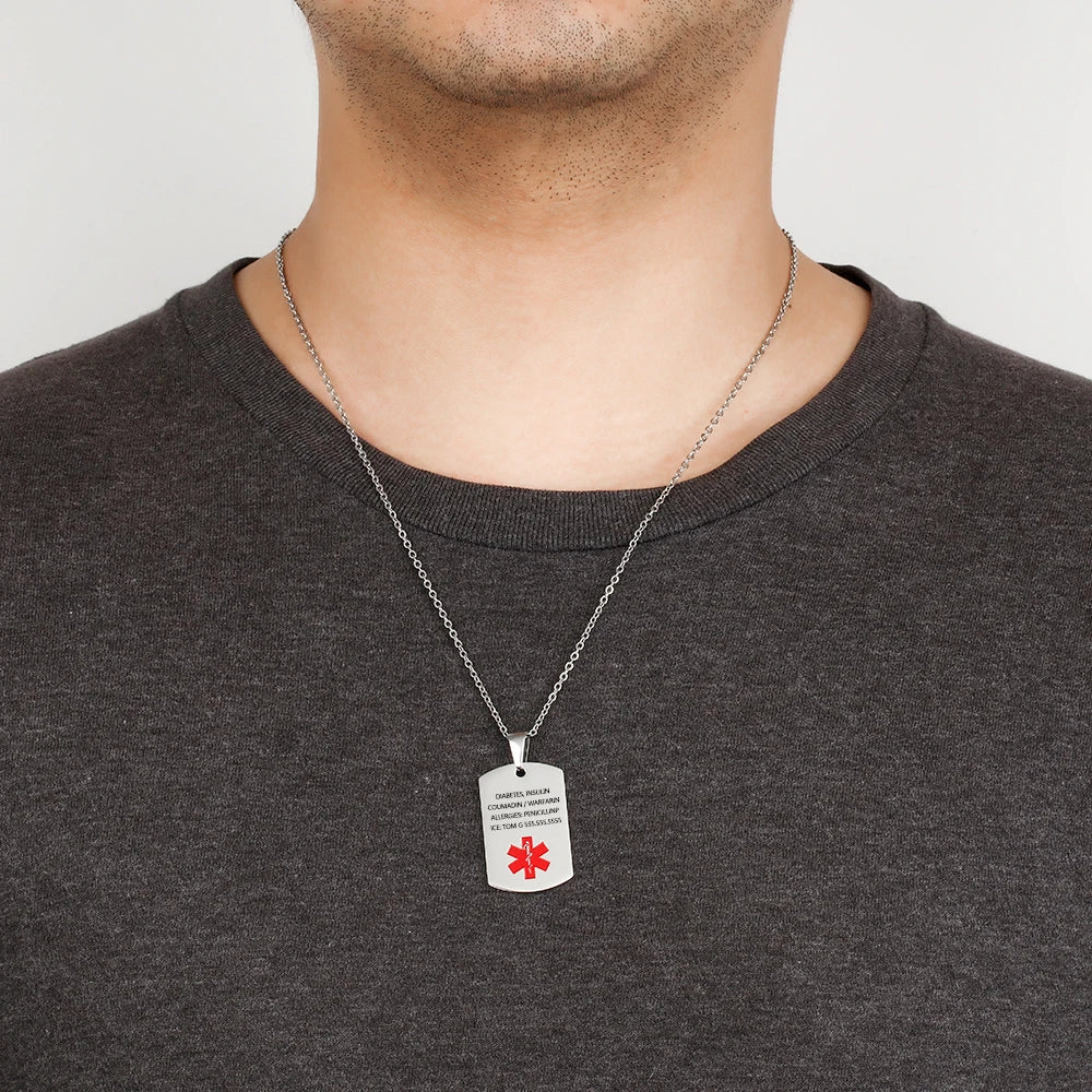 Custom Diabetes Medical Alert Dog Tag Necklace Stainless Steel Engraving Pendant
