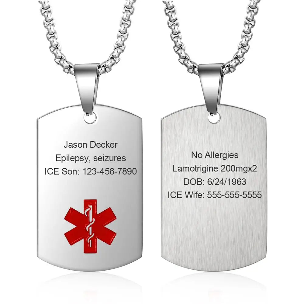 Custom Diabetes Medical Alert Dog Tag Necklace Stainless Steel Engraving Pendant