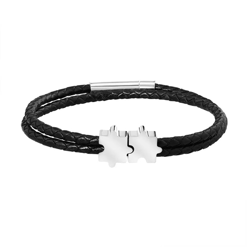 Personalized Men Leather Bracelet Initials Date Puzzle Bracelet