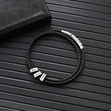 Personalized Men Leather Bracelet with 3 Names Beads & Double Rope