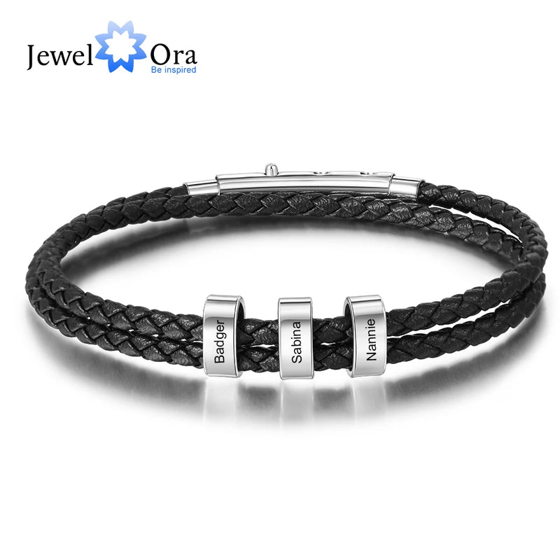 Personalized Men Leather Bracelet with 3 Names Beads & Double Rope