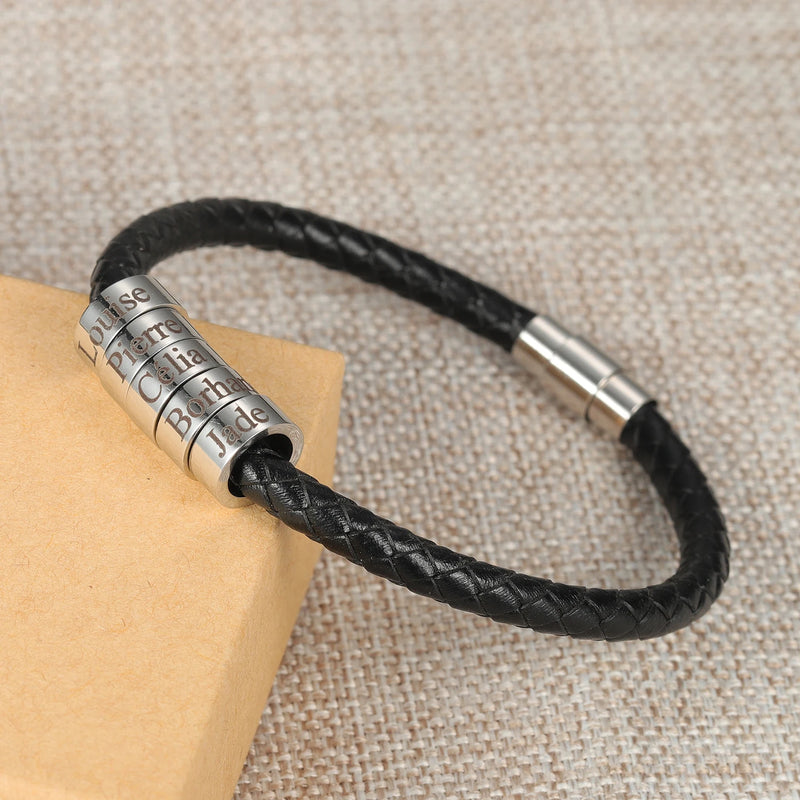 Personalized Men's Leather Bracelets with Charm Beads Family Names