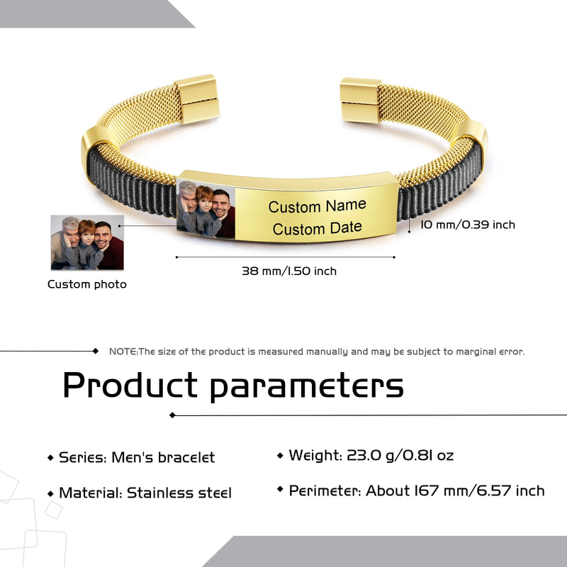 Men's Photo Bracelet Stainless Steel Cuff Wristband for Dad Papa Husband Grandpa