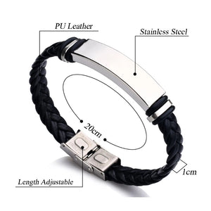 Custom Men's Leather Bracelet Stainless Steel ID Bar Engraved Bangle