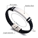 Custom Men's Leather Bracelet Stainless Steel ID Bar Engraved Bangle