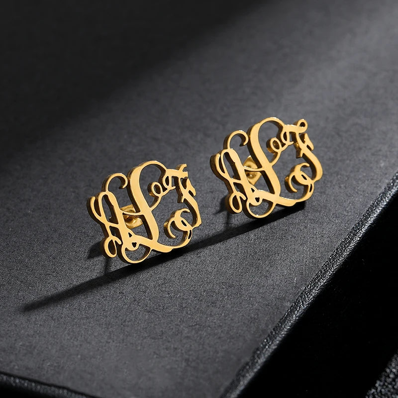 Personalized Monogram Name Earrings Initials Stud Earrings Stainless Steel