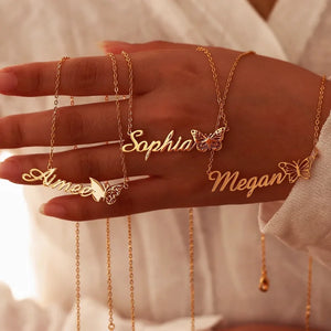 Personalized Butterfly Name Necklace - Stainless Steel Nameplate Choker