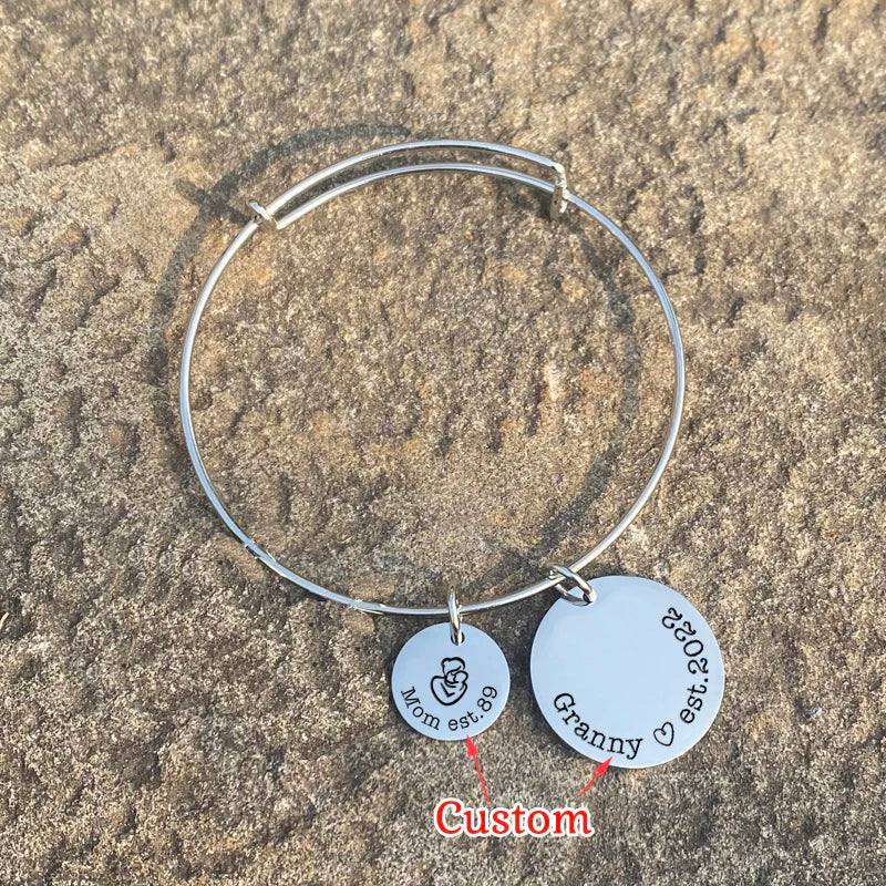 Personalized Mother's Gift Bracelet for Granny Stainless Steel Bangle