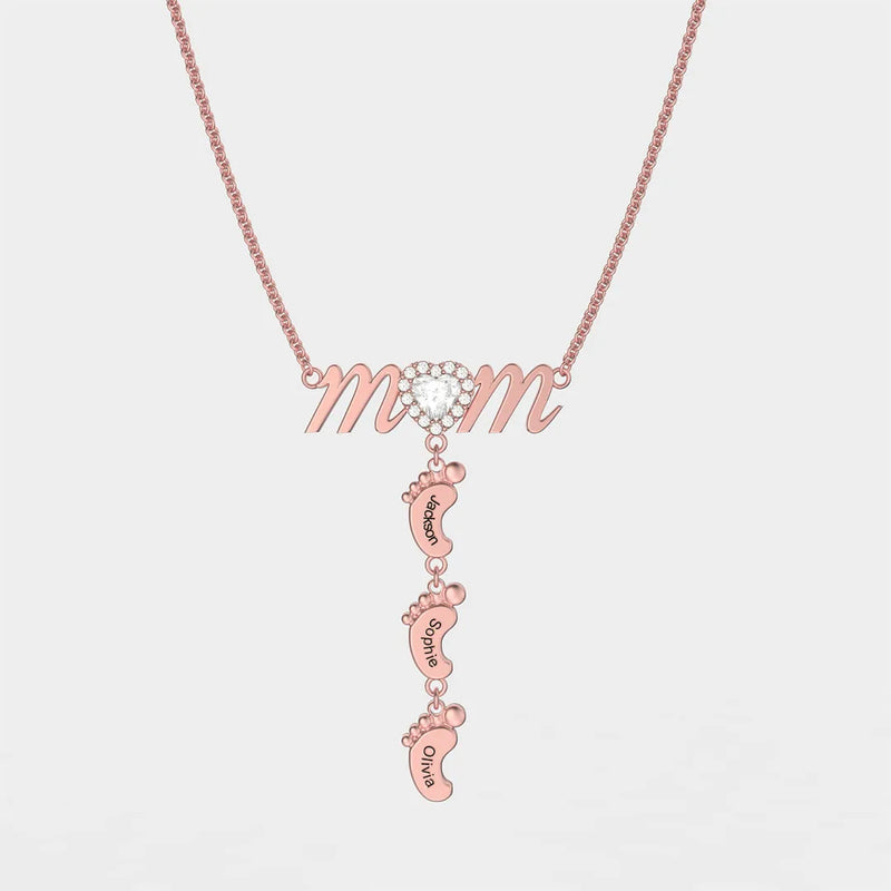 Personalized Mom Necklace with Kids Names & Feet Pendants
