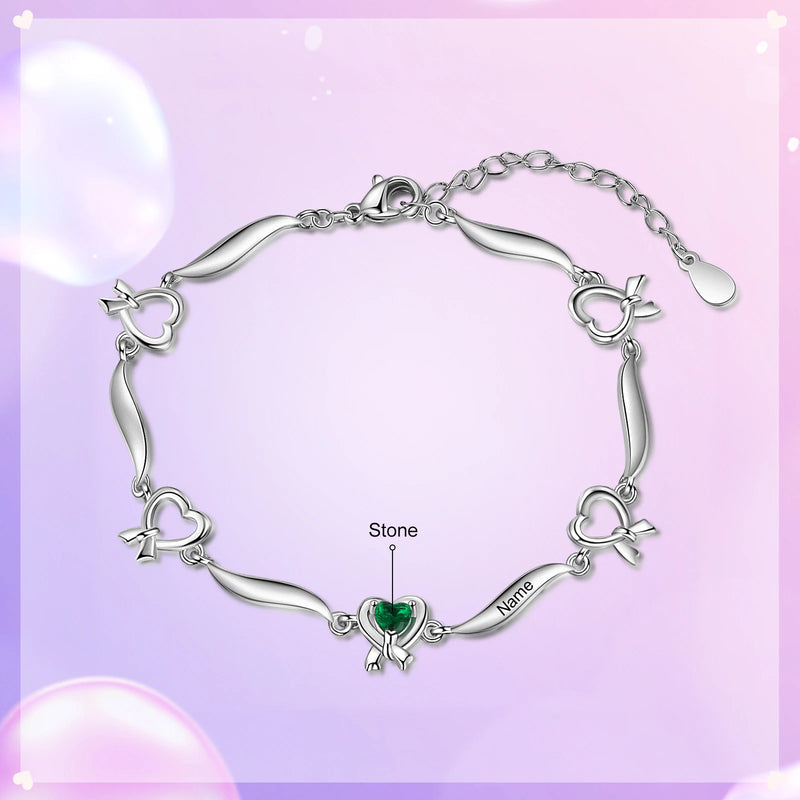 Personalized Multi-Heart Knot Bracelet with Family Name & Birthstones